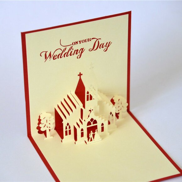 Handmade 3D Pop Up Congratulations Happy Wedding Day Church Romantic Card Red - Picture 1 of 4